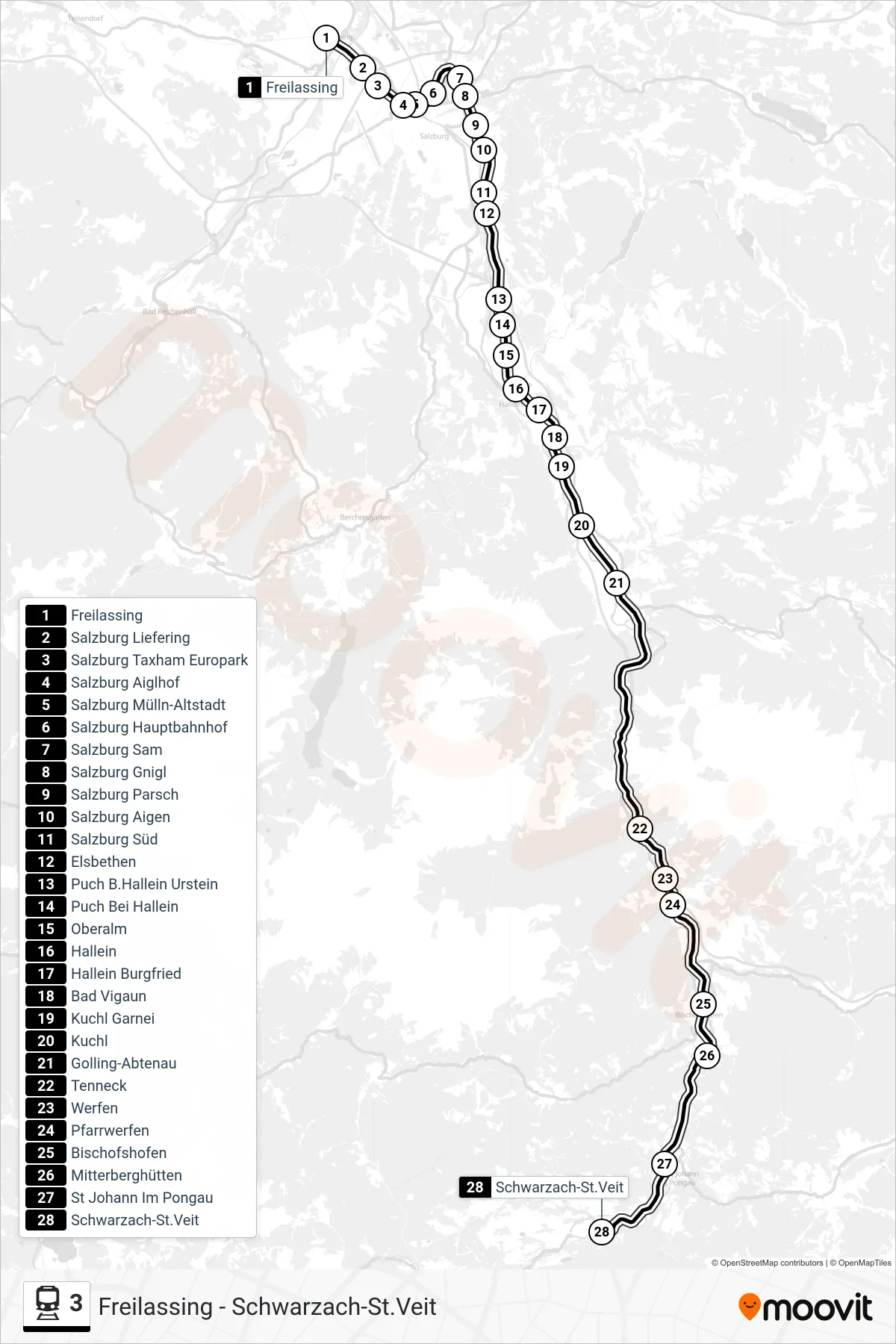 3 train Line (Schwarzach-St.Veit) route and stops on a map