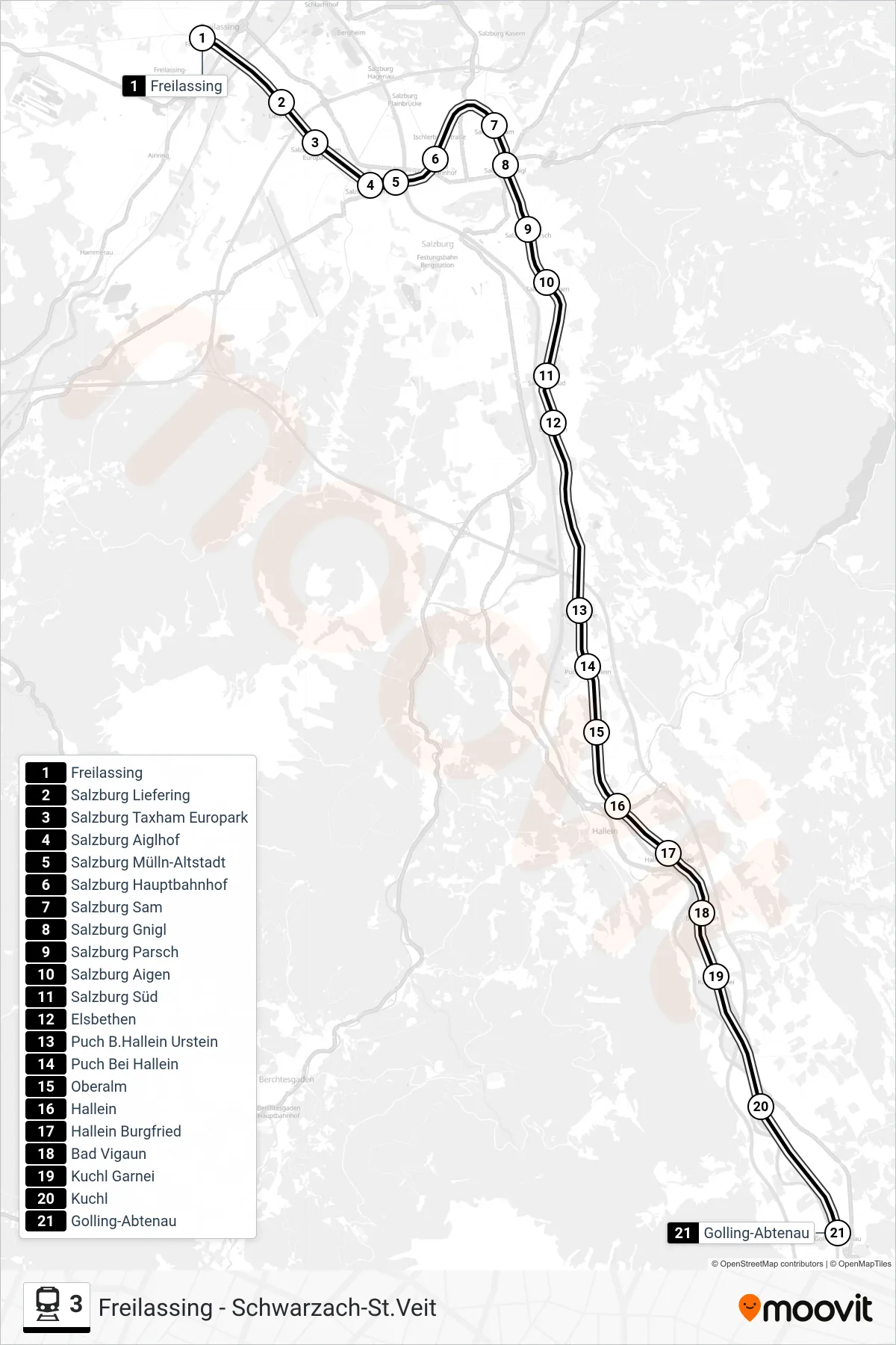 3 train Line (Golling-Abtenau) route and stops on a map