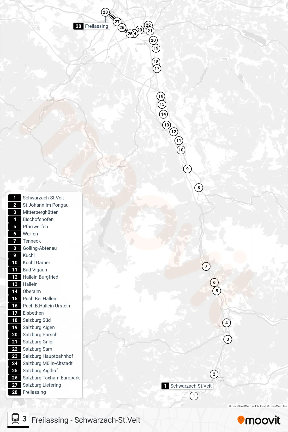 3 rail Line (Freilassing) route and stops on a map