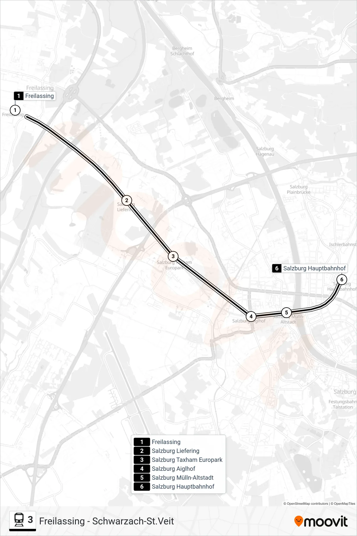 Linie 3 (Bahn) Richtung Salzburg Hauptbahnhof: Route und Haltestellen auf der Karte
