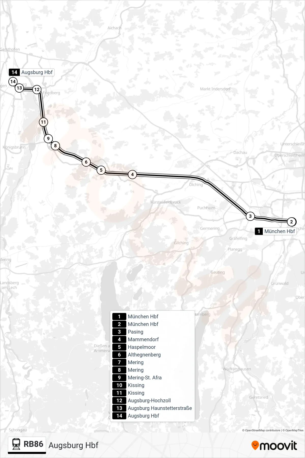 Linie RB86 (Bahn) Richtung Augsburg Hbf: Route und Haltestellen auf der Karte