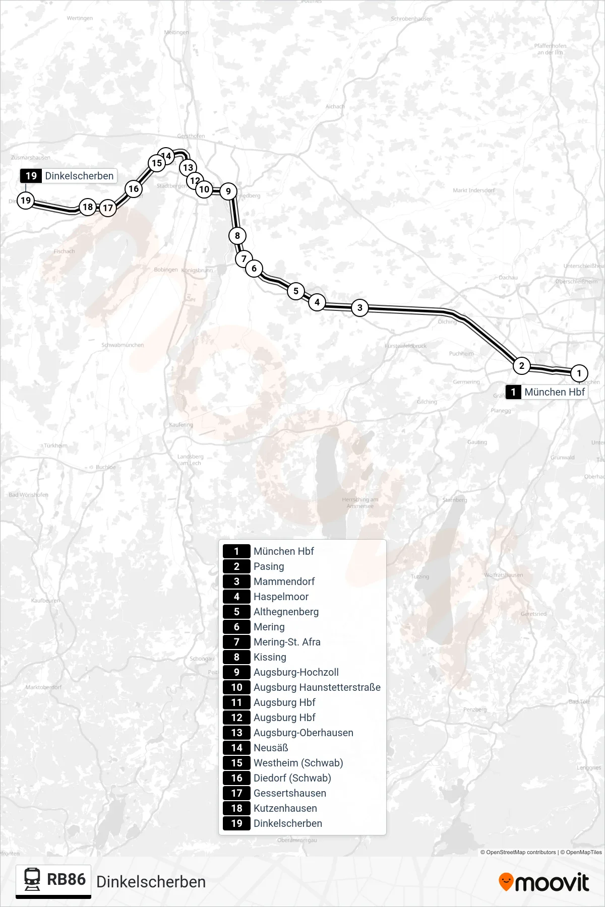 Linie RB86 (Bahn) Richtung Dinkelscherben: Route und Haltestellen auf der Karte