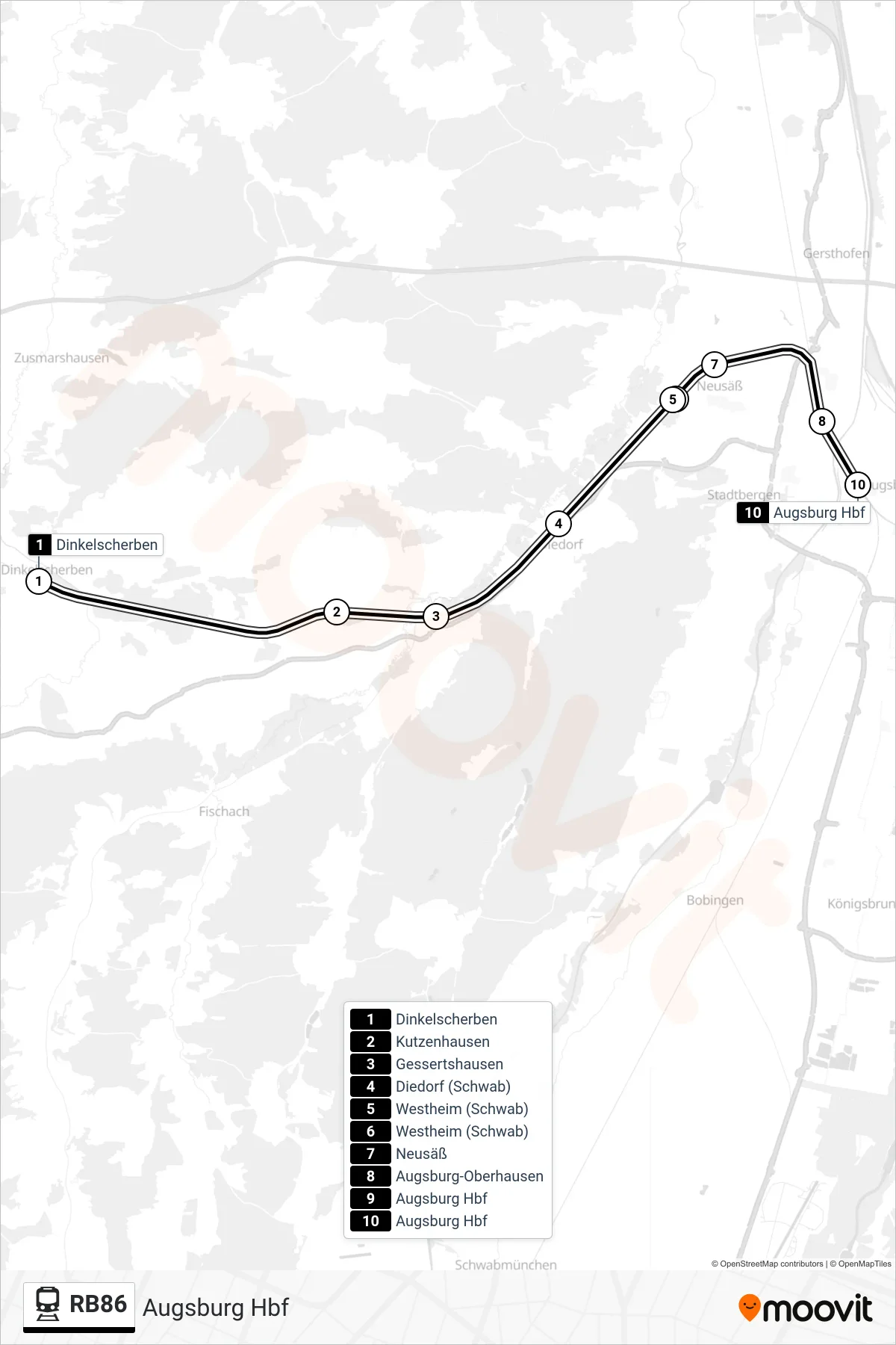 RB86 train Line (Augsburg Hbf) route and stops on a map