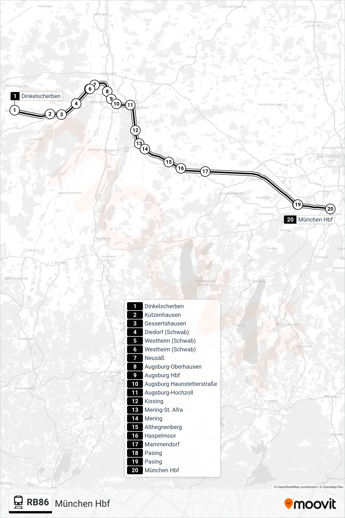 RB86 train Line (München Hbf) route and stops on a map
