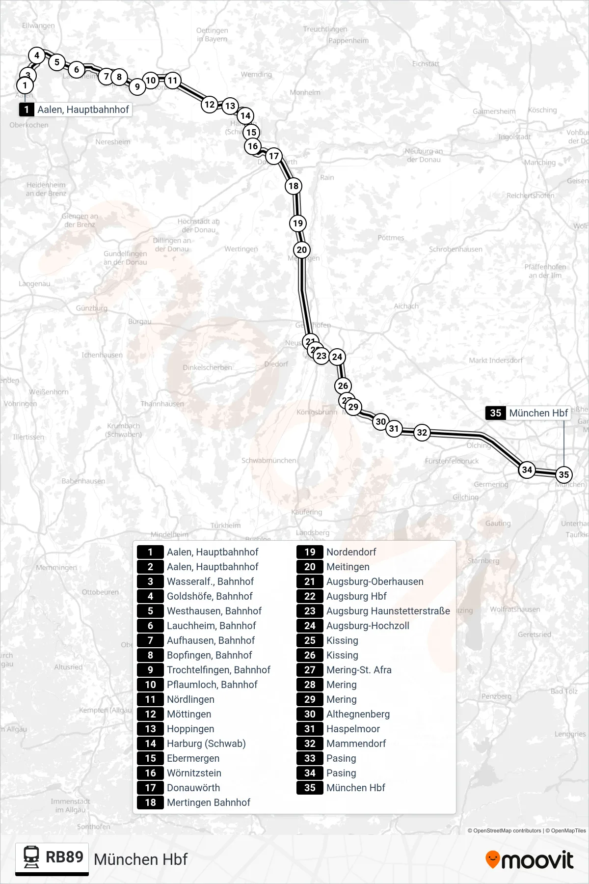 Linie RB89 (Bahn) Richtung München Hbf: Route und Haltestellen auf der Karte