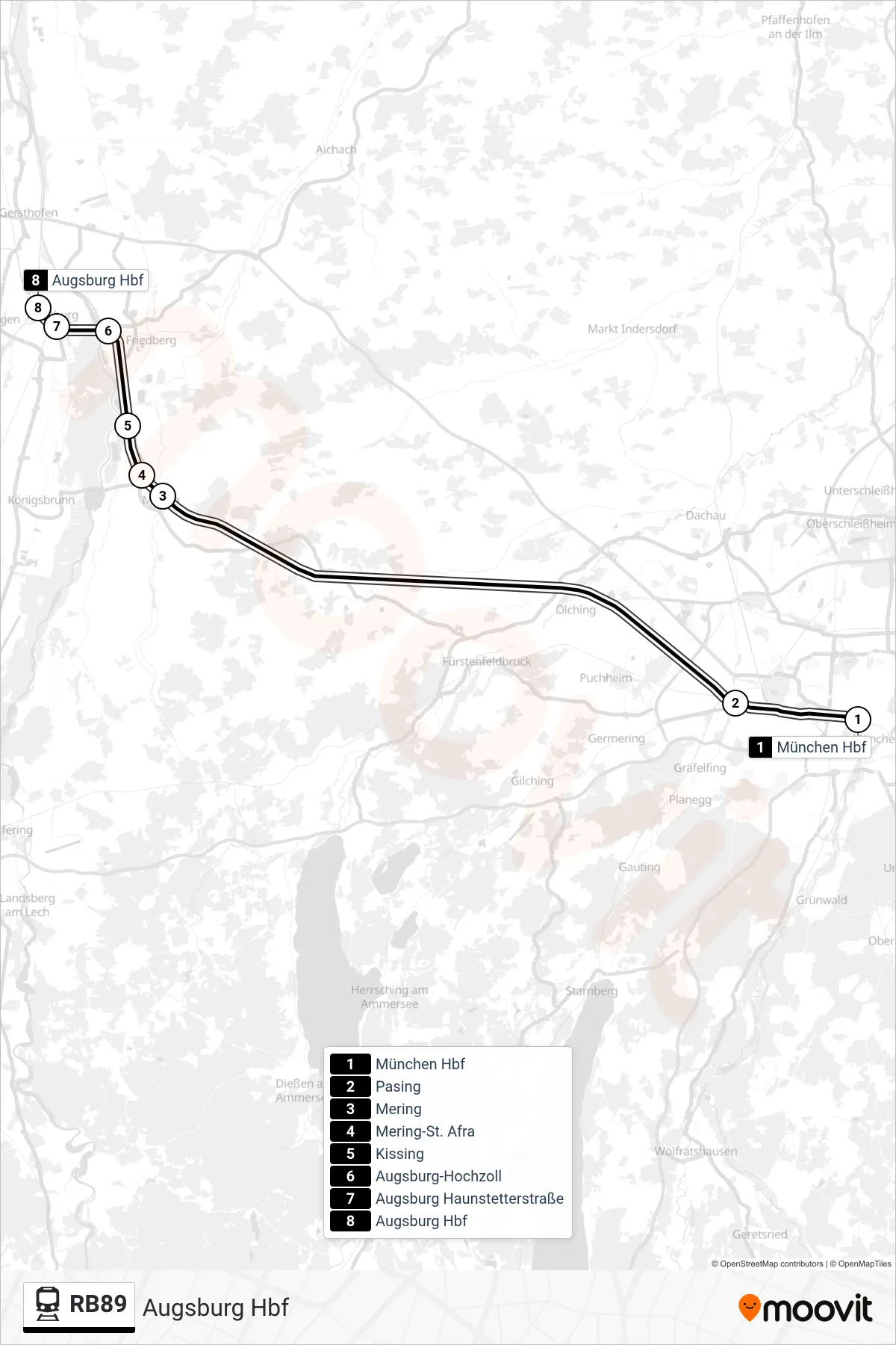 RB89 train Line (Augsburg Hbf) route and stops on a map