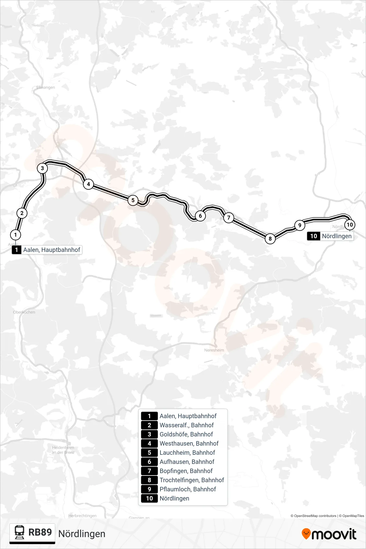 Linie RB89 (Bahn) Richtung Nördlingen: Route und Haltestellen auf der Karte