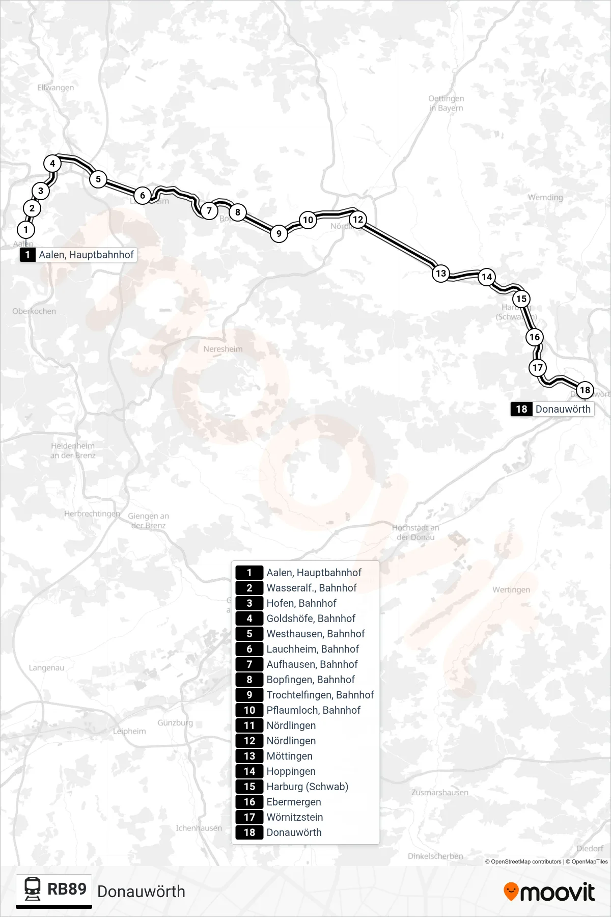 Linie RB89 (Bahn) Richtung Donauwörth: Route und Haltestellen auf der Karte