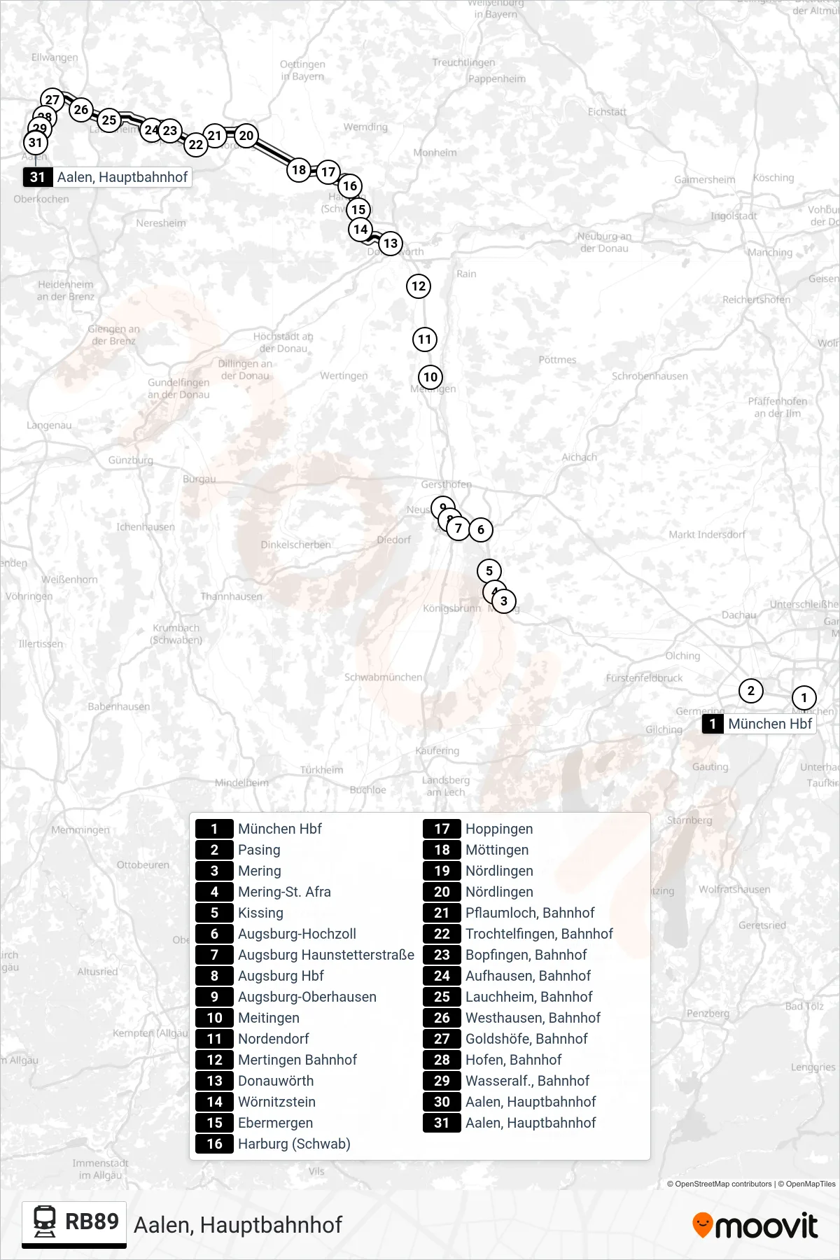 Linie RB89 (Bahn) Richtung Aalen, Hauptbahnhof: Route und Haltestellen auf der Karte