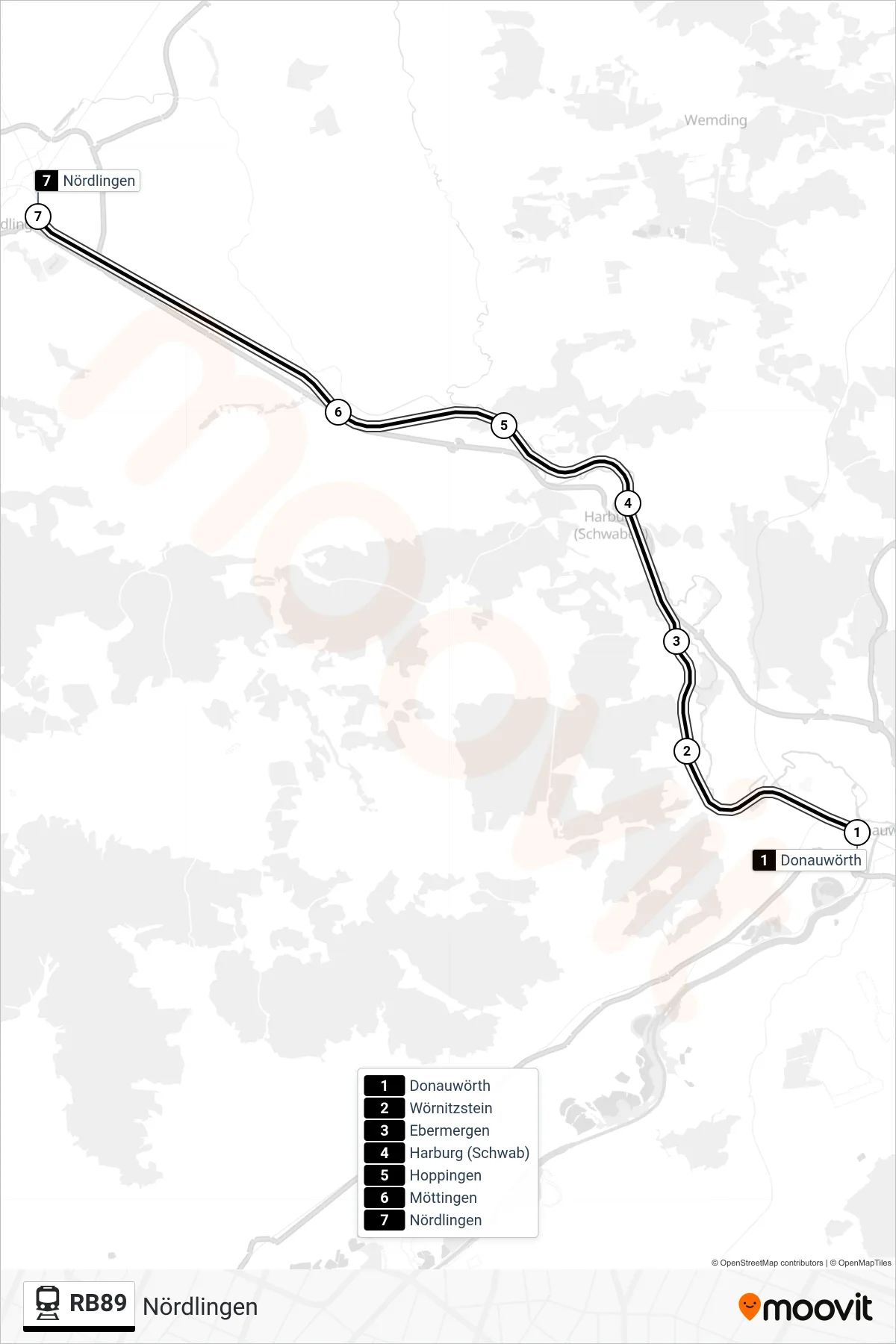 Linie RB89 (Bahn) Richtung Nördlingen: Route und Haltestellen auf der Karte