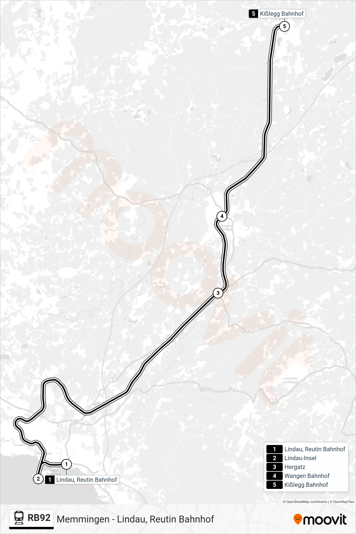 RB92 train Line (Kißlegg Bahnhof) route and stops on a map