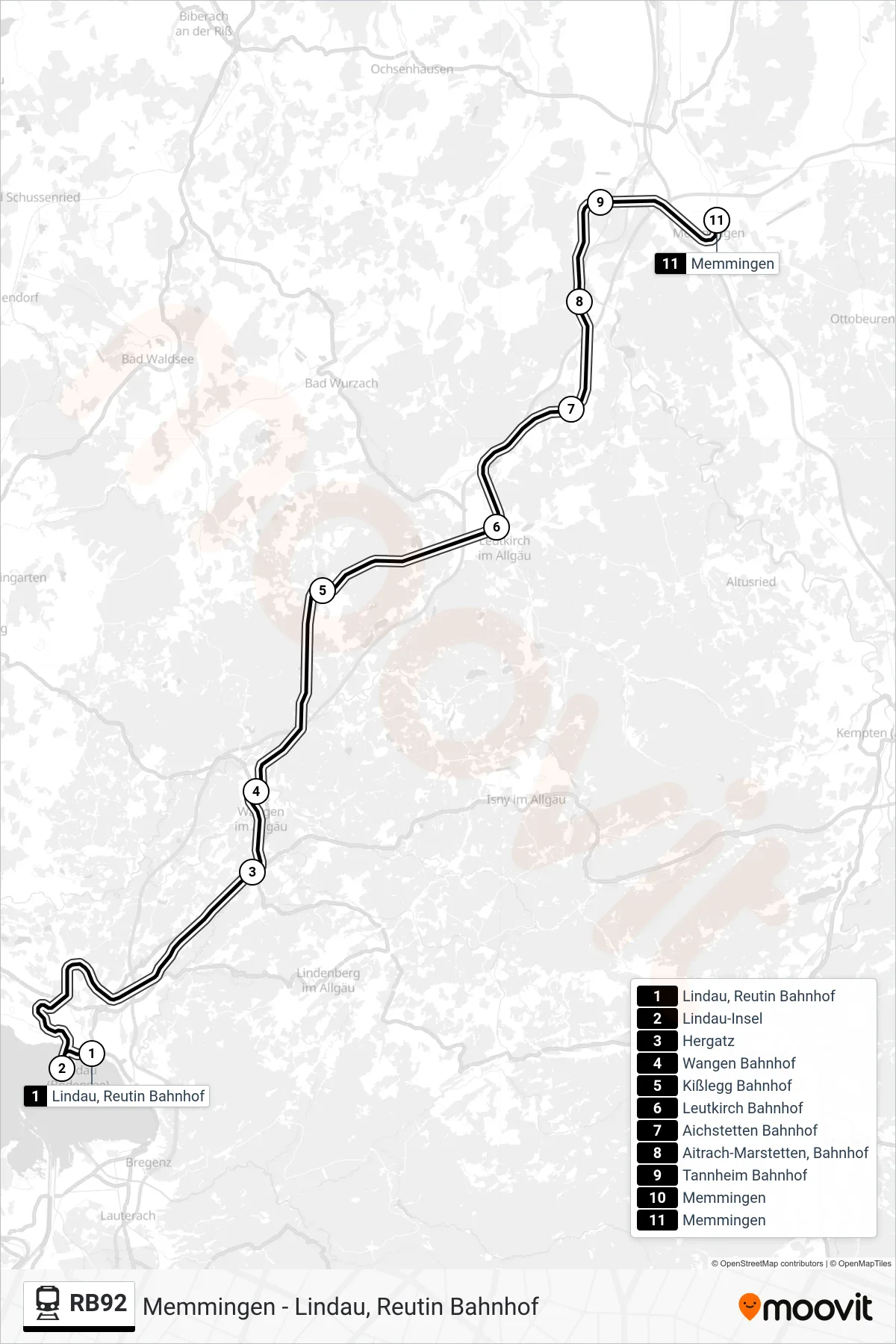 RB92 train Line (Memmingen) route and stops on a map