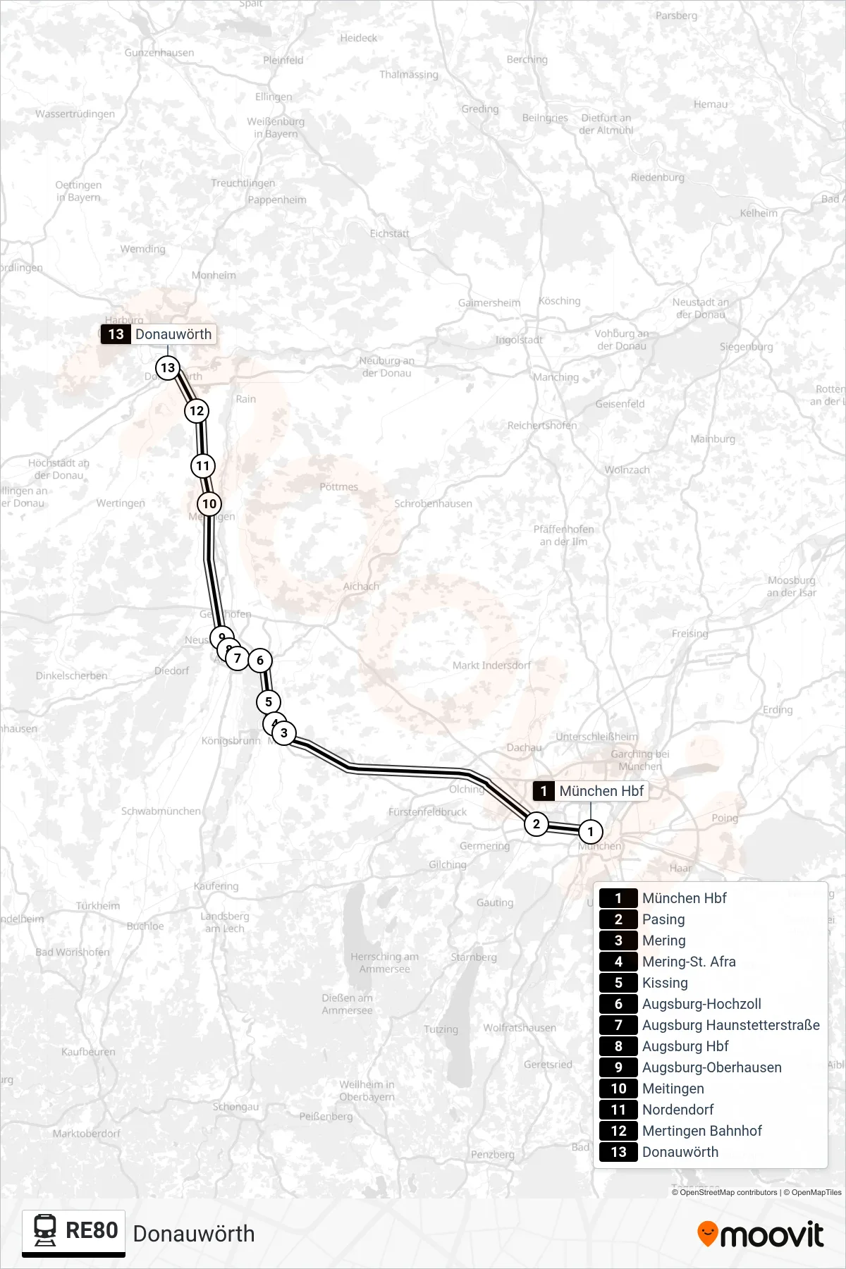 RE80 train Line (Donauwörth) route and stops on a map