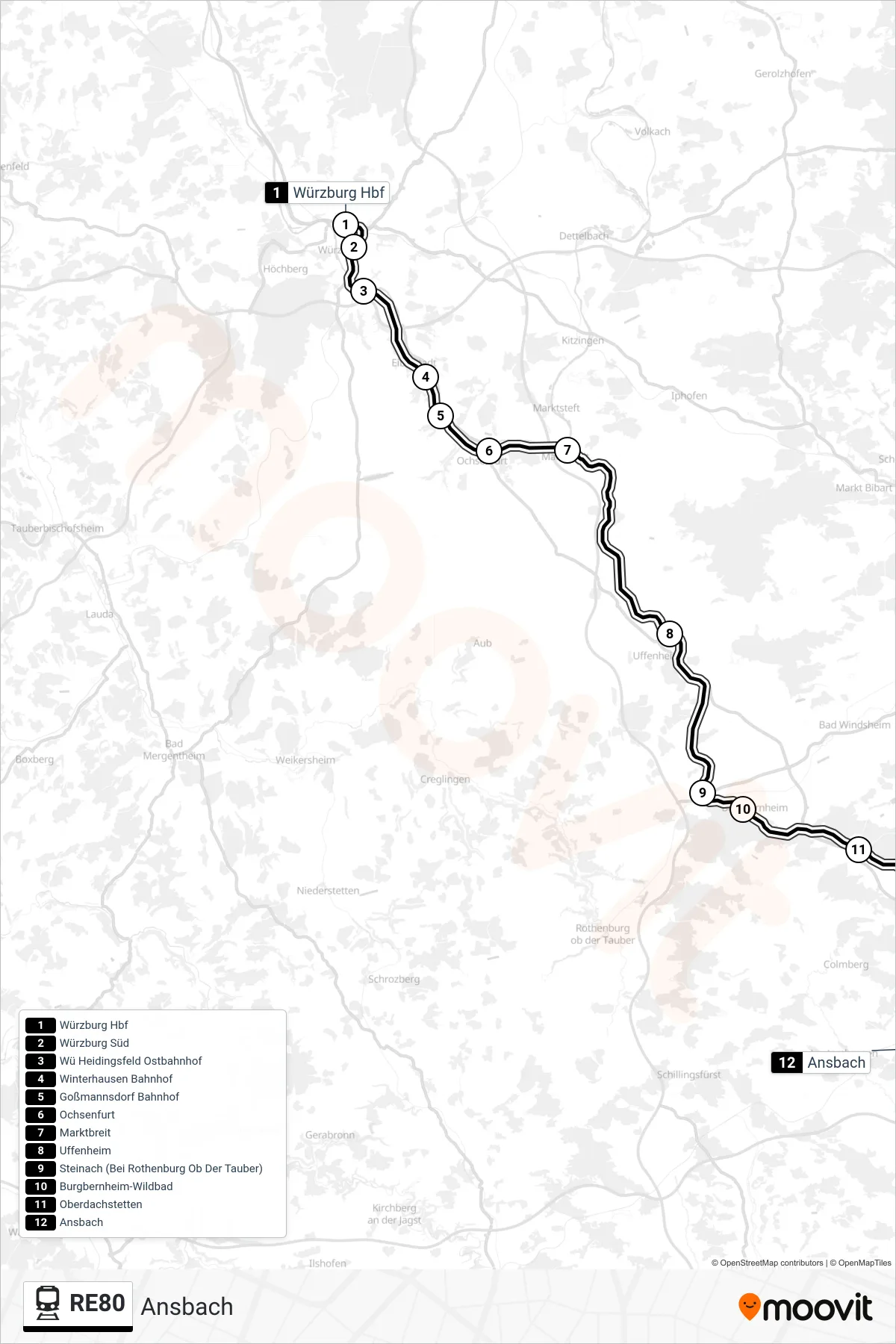 RE80 train Line (Ansbach) route and stops on a map