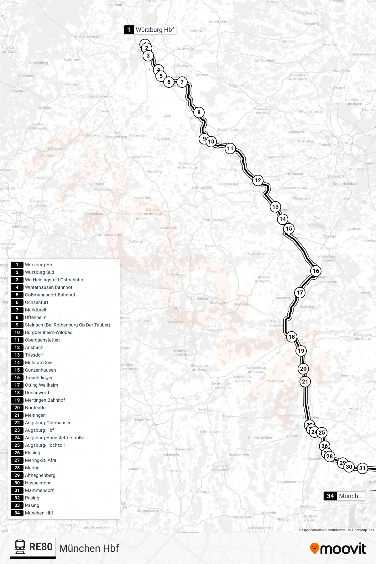 RE80 train Line (München Hbf) route and stops on a map