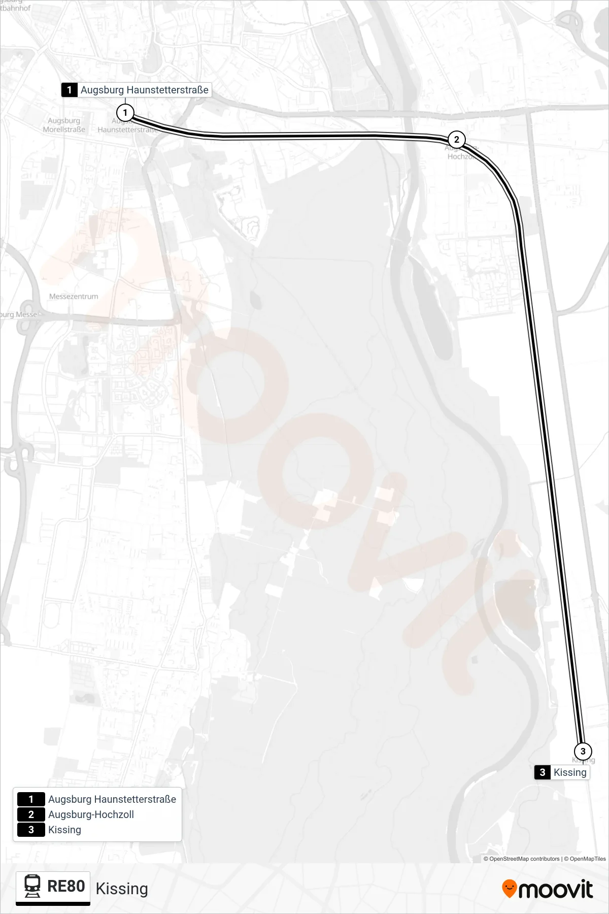 RE80 train Line (Kissing) route and stops on a map