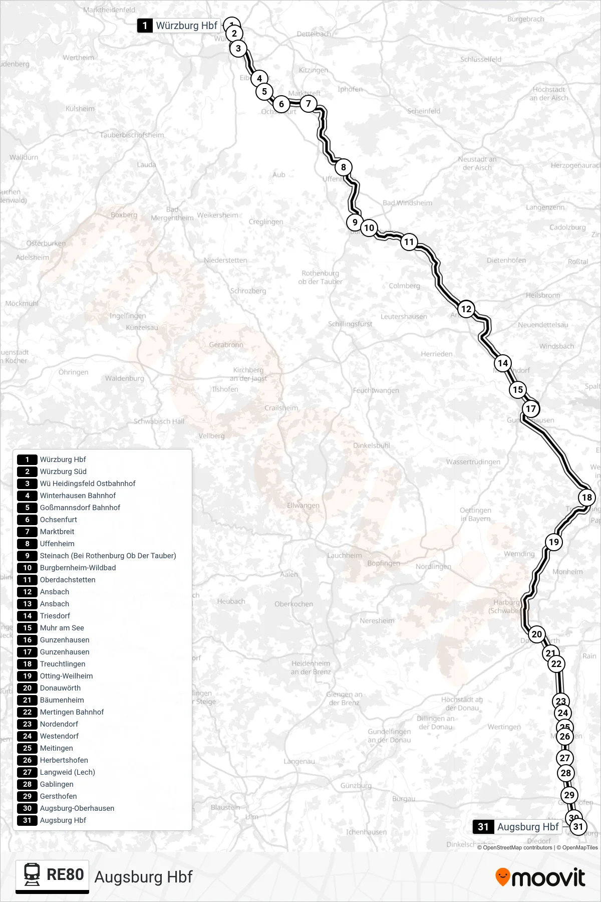 Linie RE80 (Bahn) Richtung Augsburg Hbf: Route und Haltestellen auf der Karte