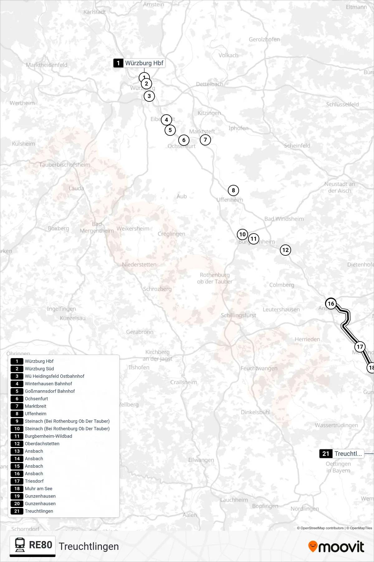 RE80 rail Line (Treuchtlingen) route and stops on a map
