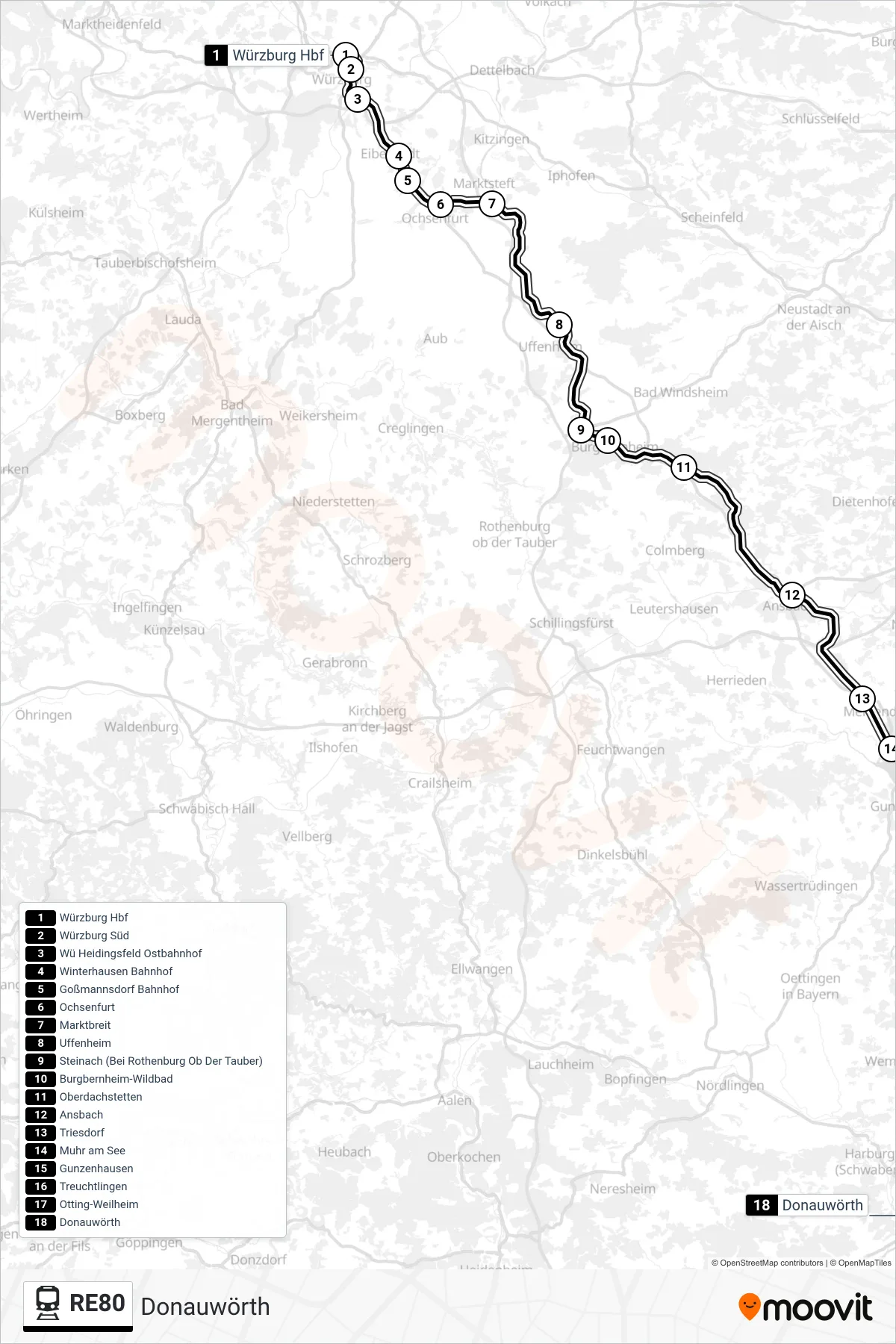 RE80 train Line (Donauwörth) route and stops on a map