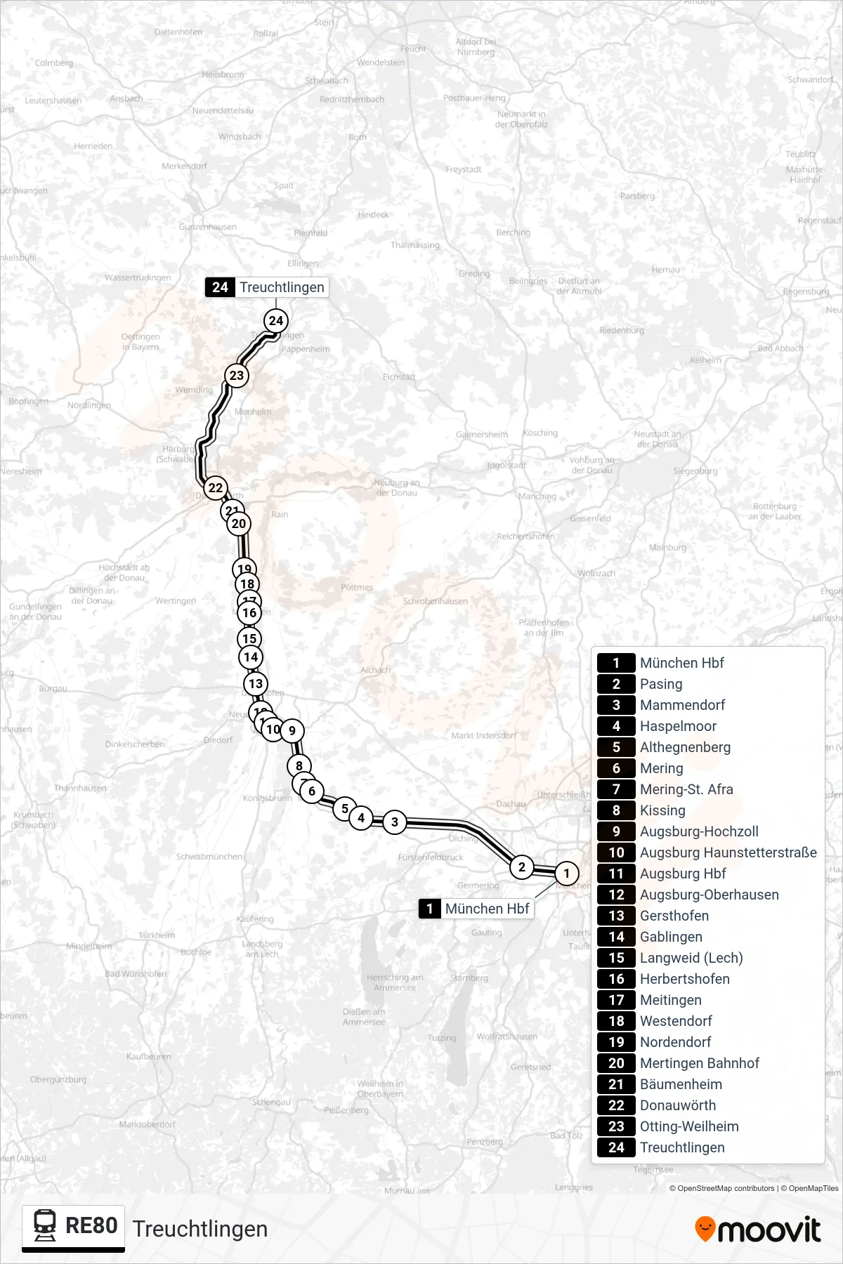 RE80 train Line (Treuchtlingen) route and stops on a map