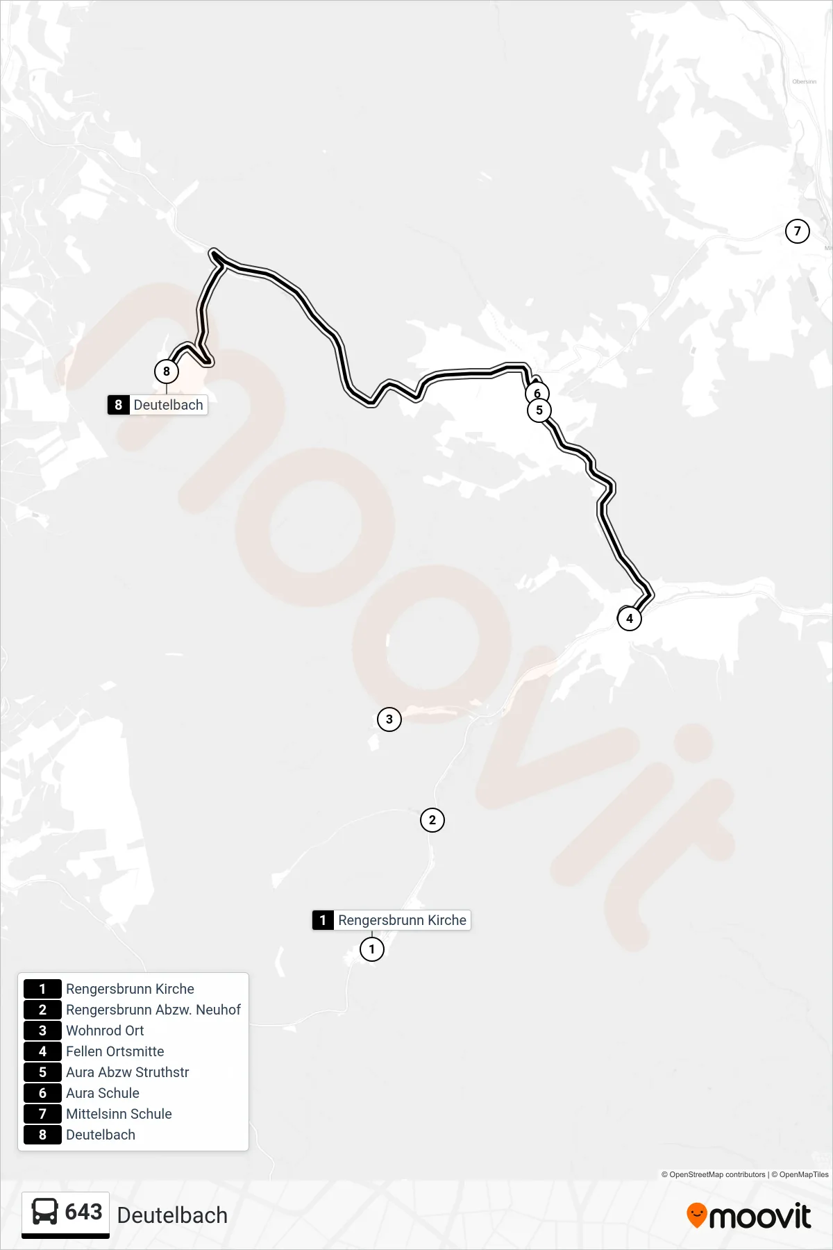 643 bus Line (Deutelbach) route and stops on a map