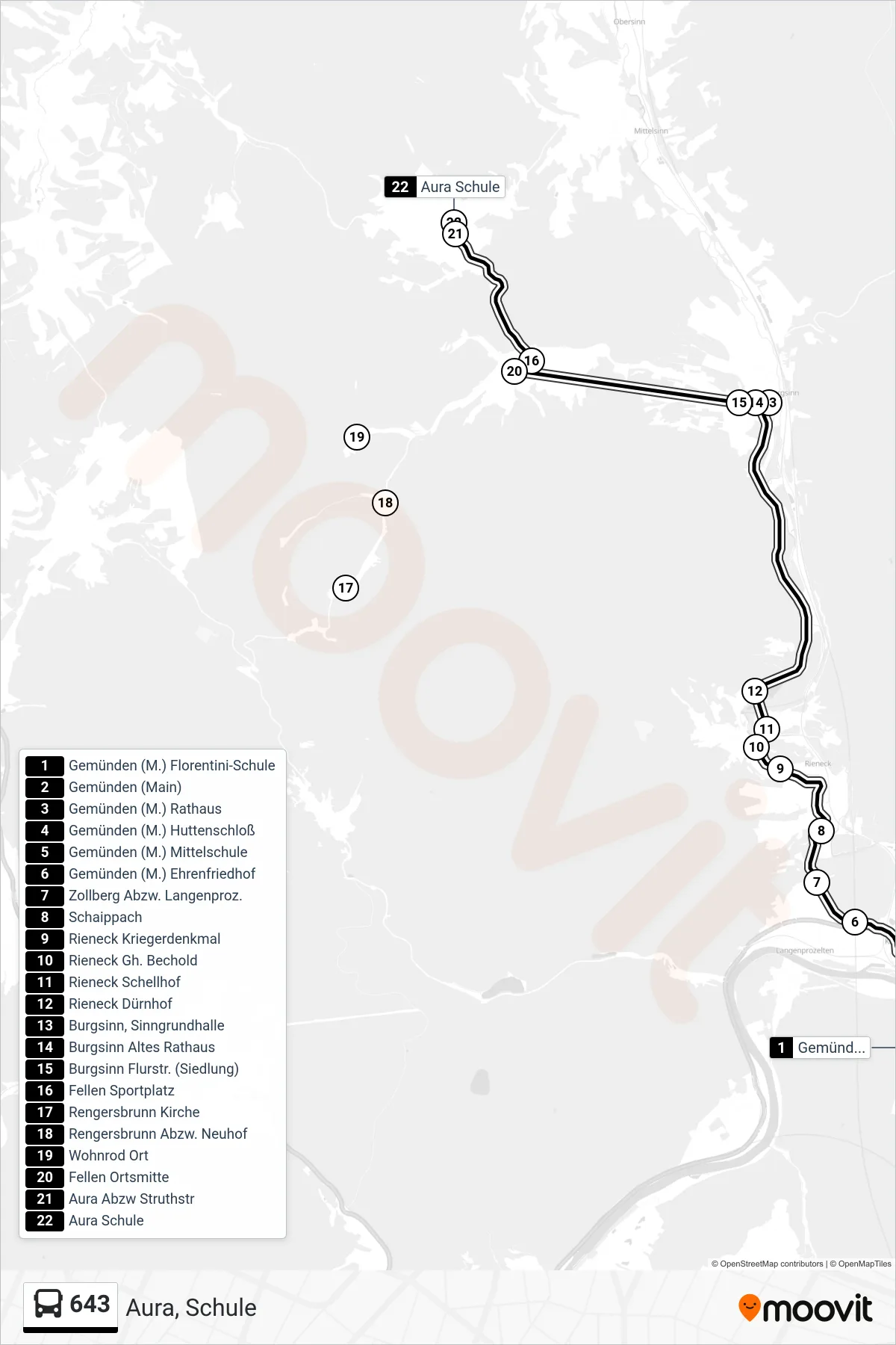 643 bus Line (Aura, Schule) route and stops on a map