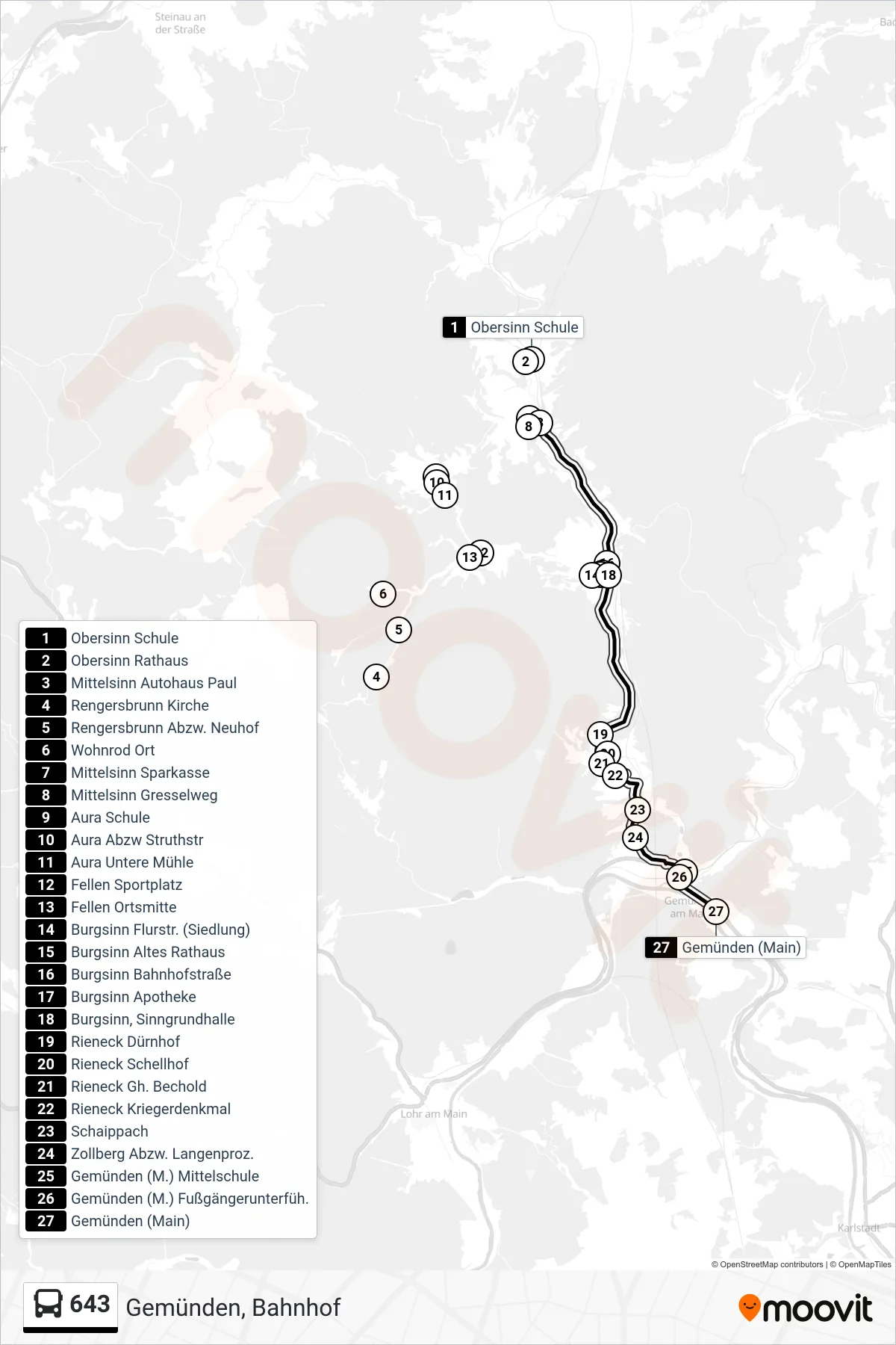 643 bus Line (Gemünden, Bahnhof) route and stops on a map