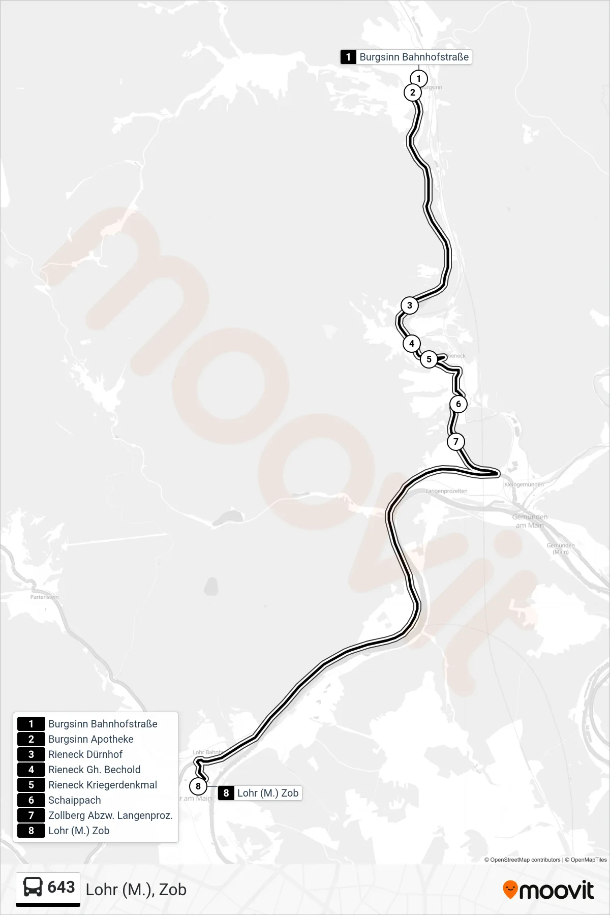 643 bus Line (Lohr (M.), Zob) route and stops on a map