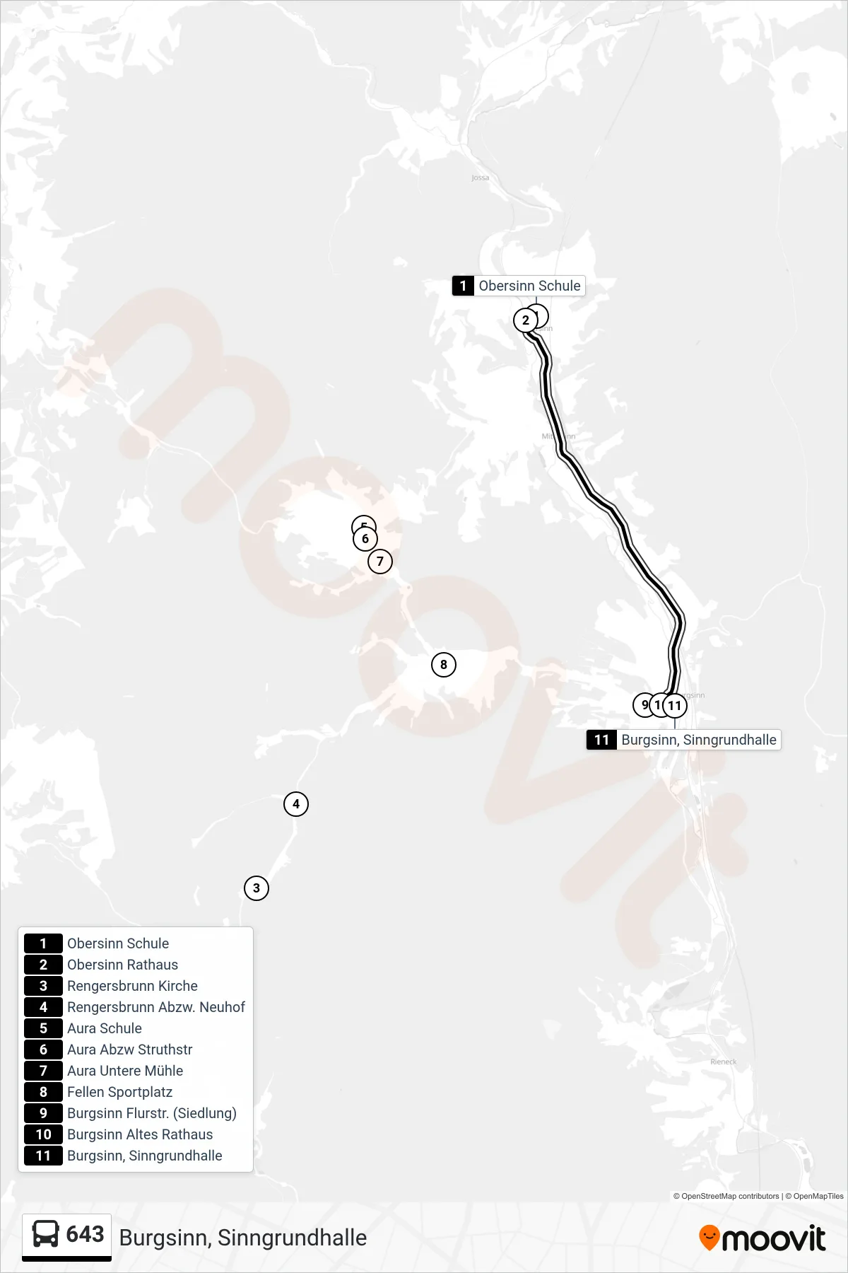 643 bus Line (Burgsinn, Sinngrundhalle) route and stops on a map