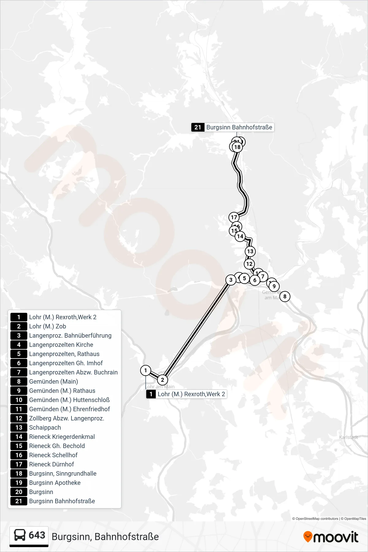 Linie 643 (Bus) Richtung Burgsinn, Bahnhofstraße: Route und Haltestellen auf der Karte