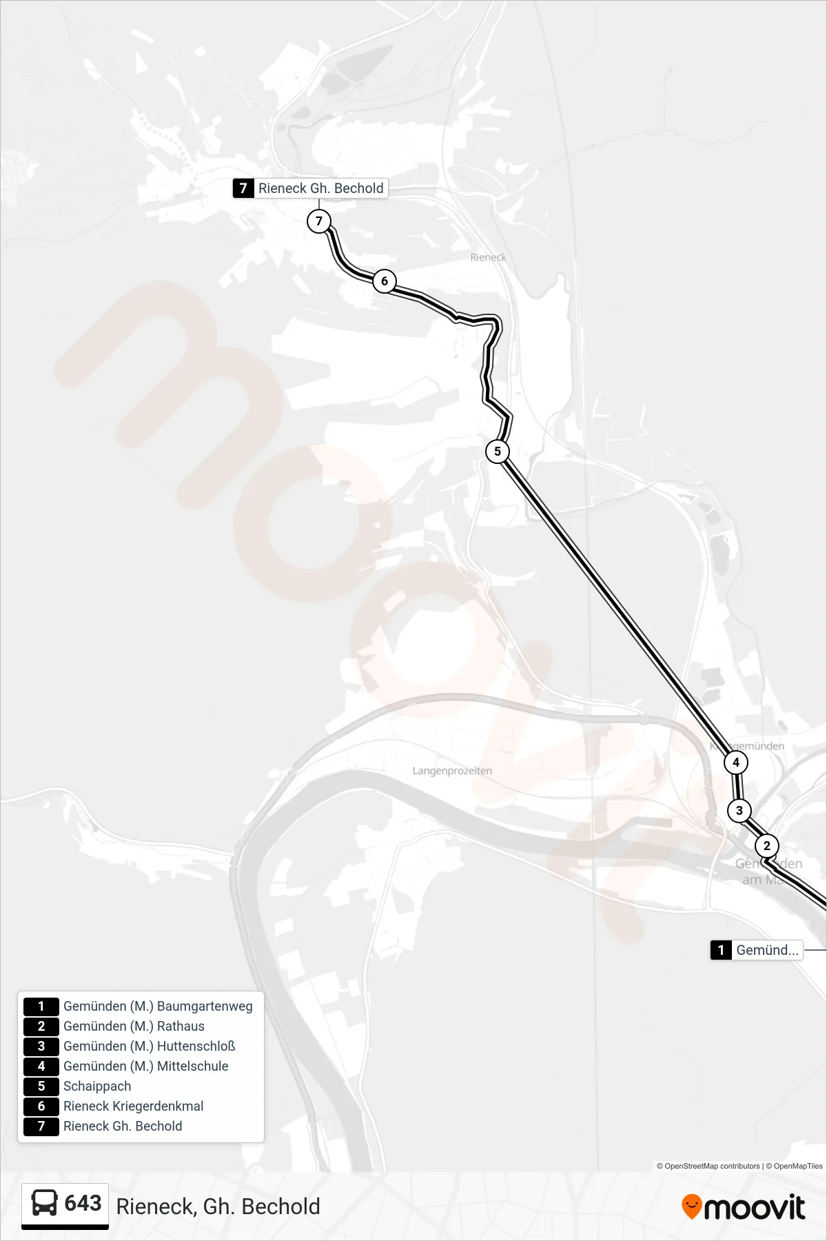 643 bus Line (Rieneck, Gh. Bechold) route and stops on a map