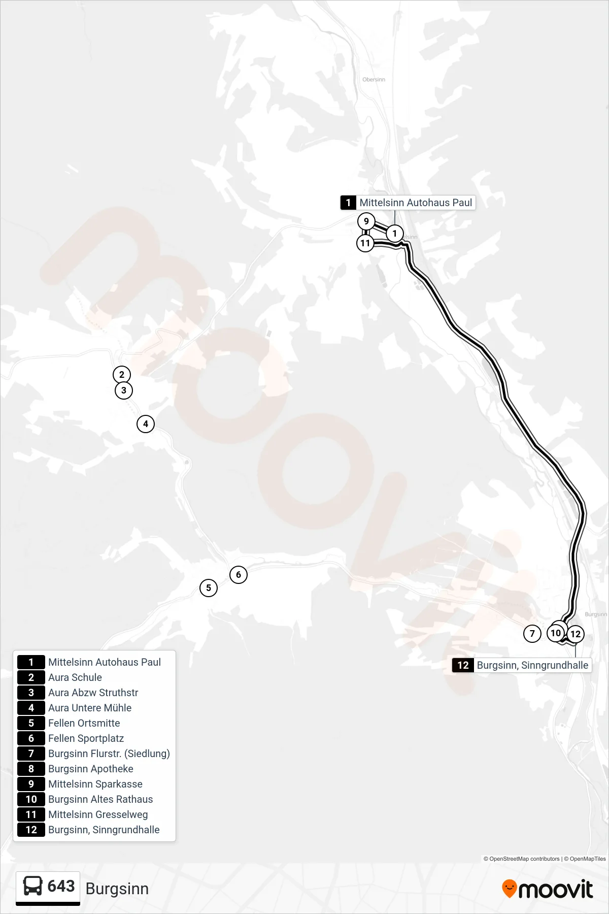 643 bus Line (Burgsinn) route and stops on a map