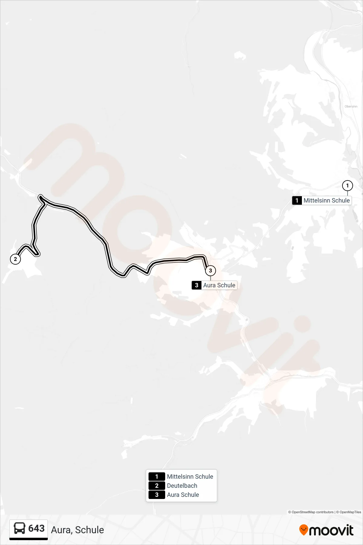 643 bus Line (Aura, Schule) route and stops on a map