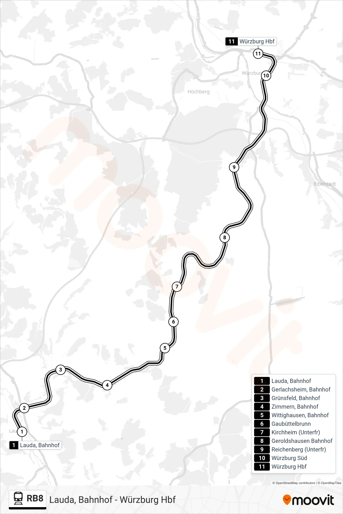 RB8 rail Line (Würzburg Hbf) route and stops on a map