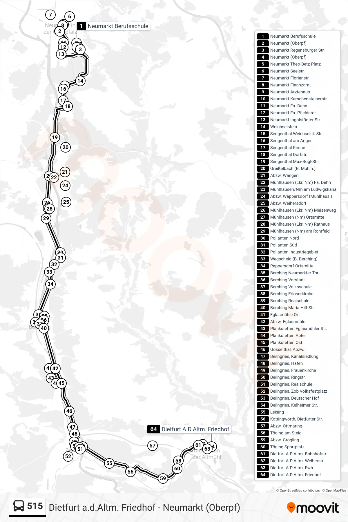 515 bus Line (Dietfurt) route and stops on a map