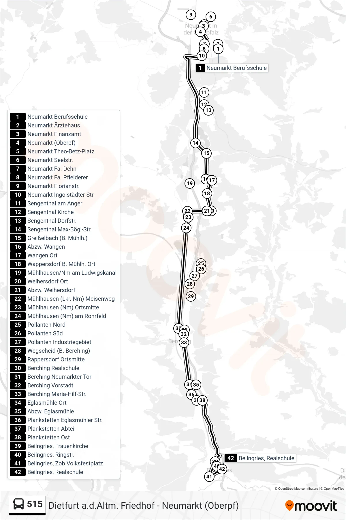 515 bus Line (Beilngries) route and stops on a map