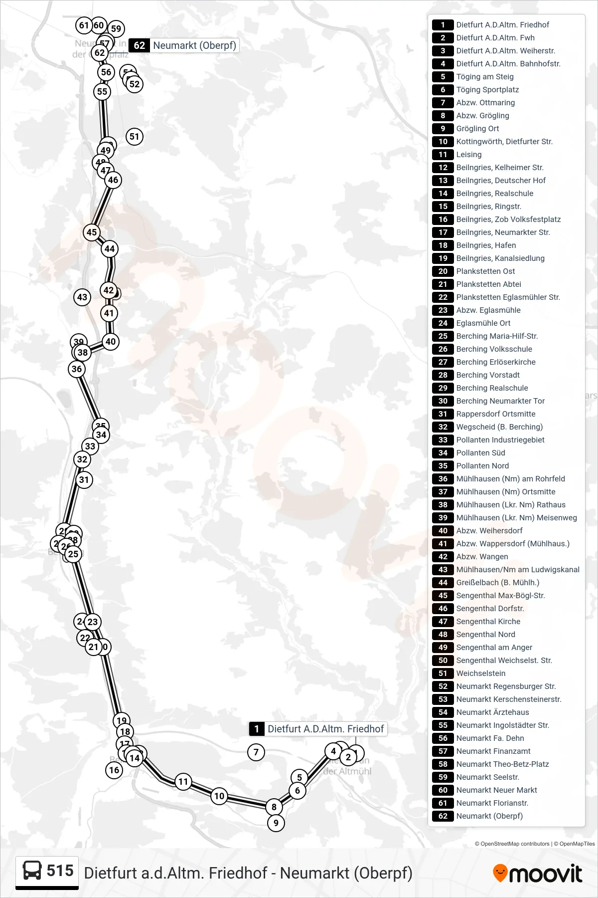 515 bus Line (Neumarkt) route and stops on a map