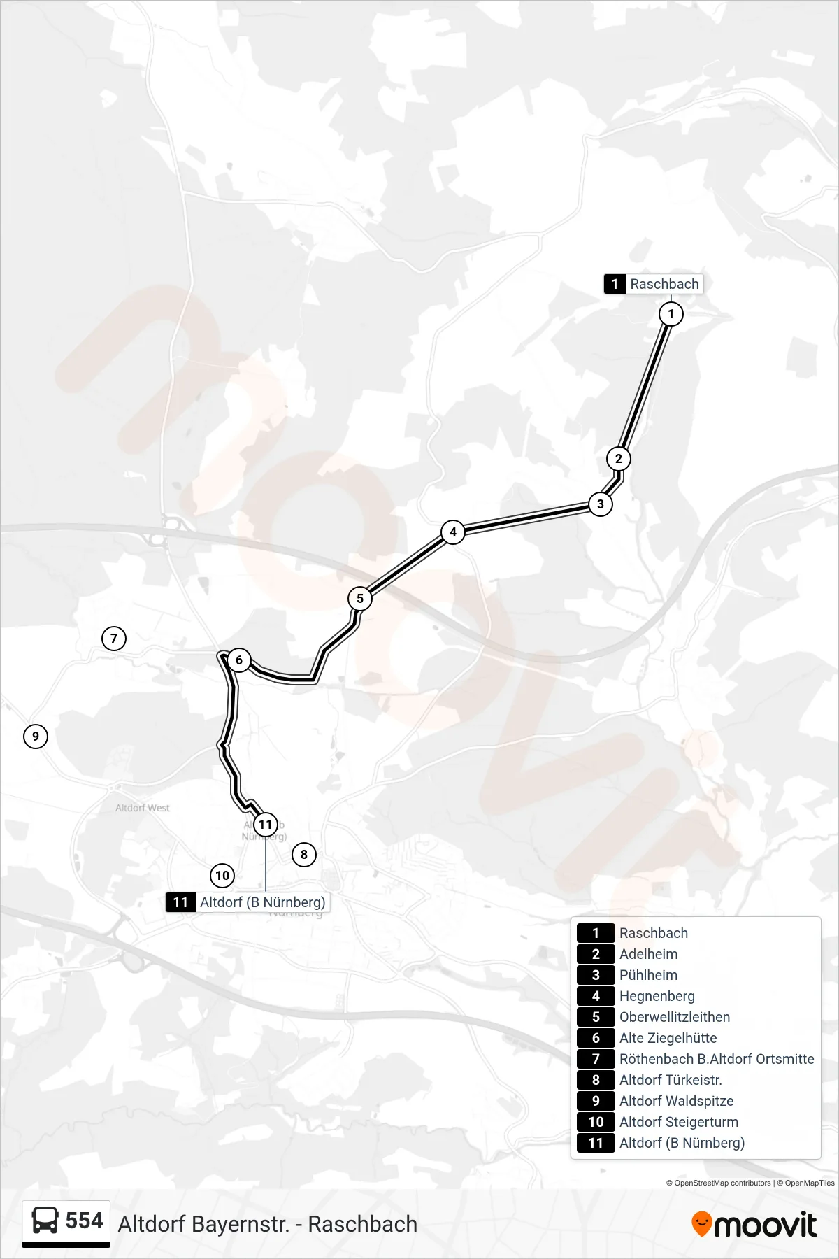 554 bus Line (Altdorf Bahnhof) route and stops on a map