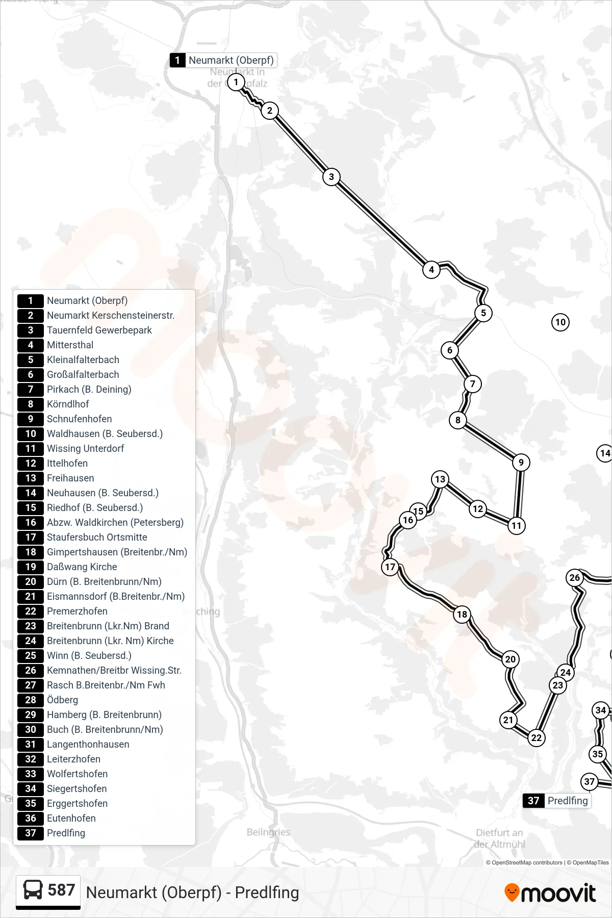 587 bus Line (Predlfing) route and stops on a map