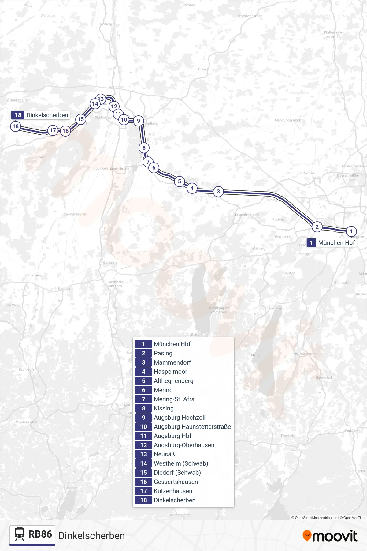 RB86 rail Line (Dinkelscherben) route and stops on a map