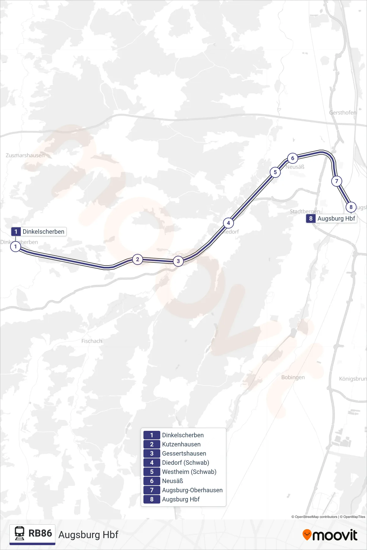 Linie RB86 (Bahn) Richtung Augsburg Hbf: Route und Haltestellen auf der Karte