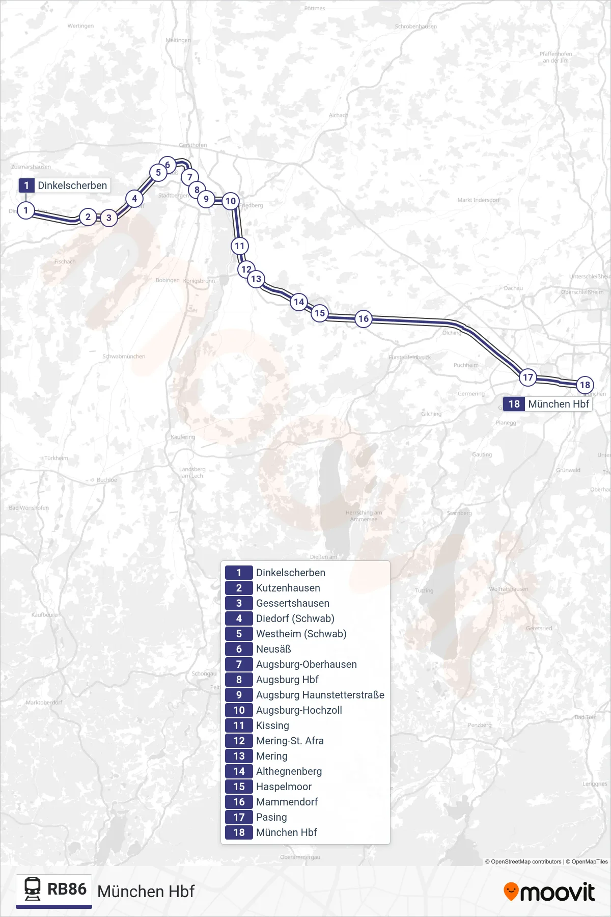 Linie RB86 (Bahn) Richtung München Hbf: Route und Haltestellen auf der Karte