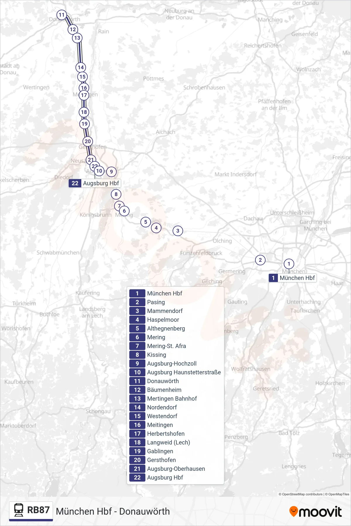 RB87 train Line (Augsburg Hbf) route and stops on a map