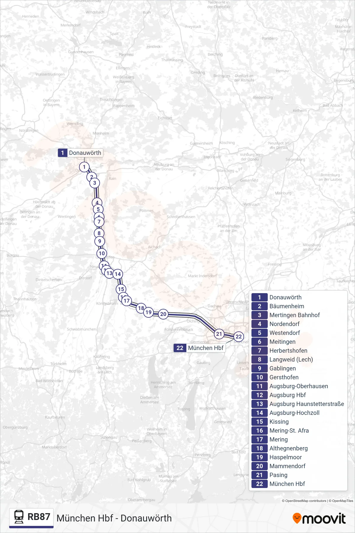 Linie RB87 (Bahn) Richtung München Hbf: Route und Haltestellen auf der Karte