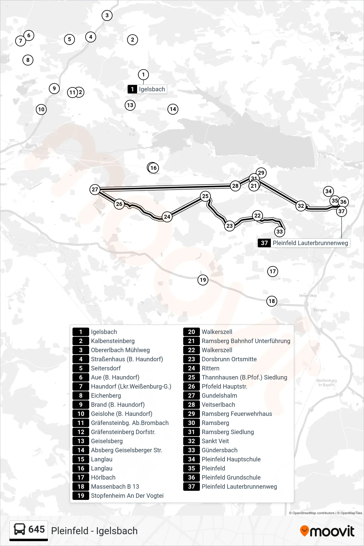 645 bus Line (Pleinfeld) route and stops on a map