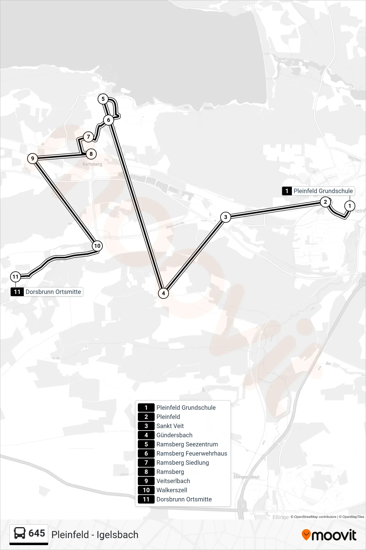 645 bus Line (Dorsbrunn) route and stops on a map