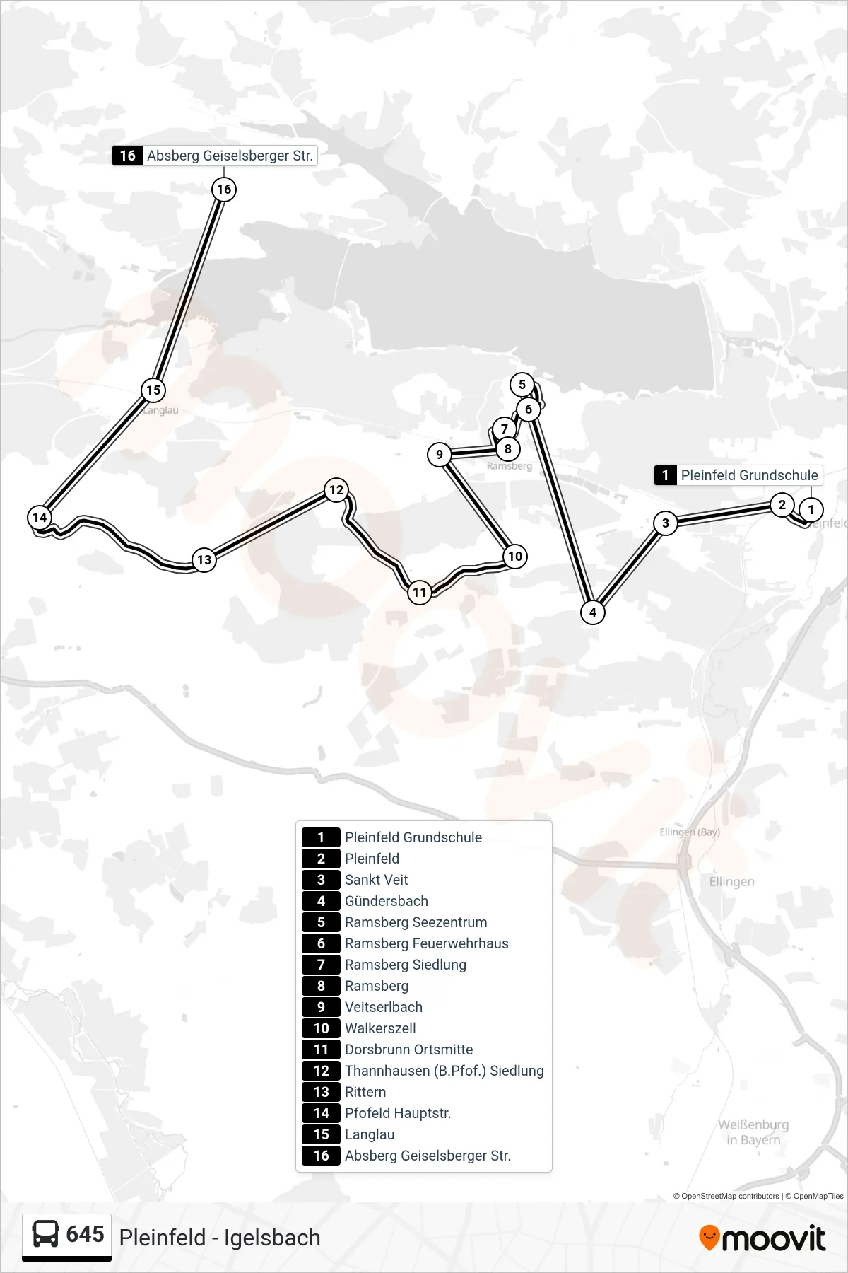 645 bus Line (Eckenhaid) route and stops on a map