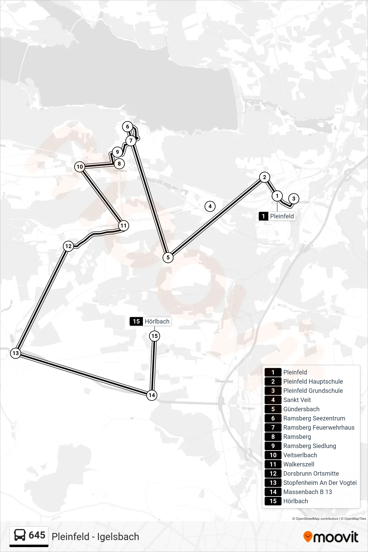 645 bus Line (Massenbach) route and stops on a map