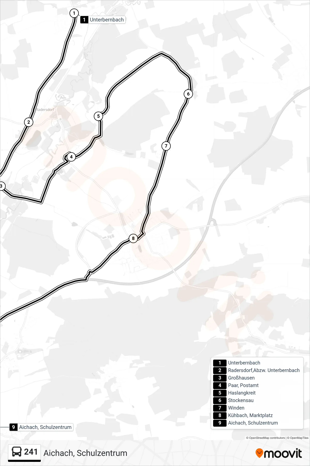 241 bus Line (Aichach, Schulzentrum) route and stops on a map