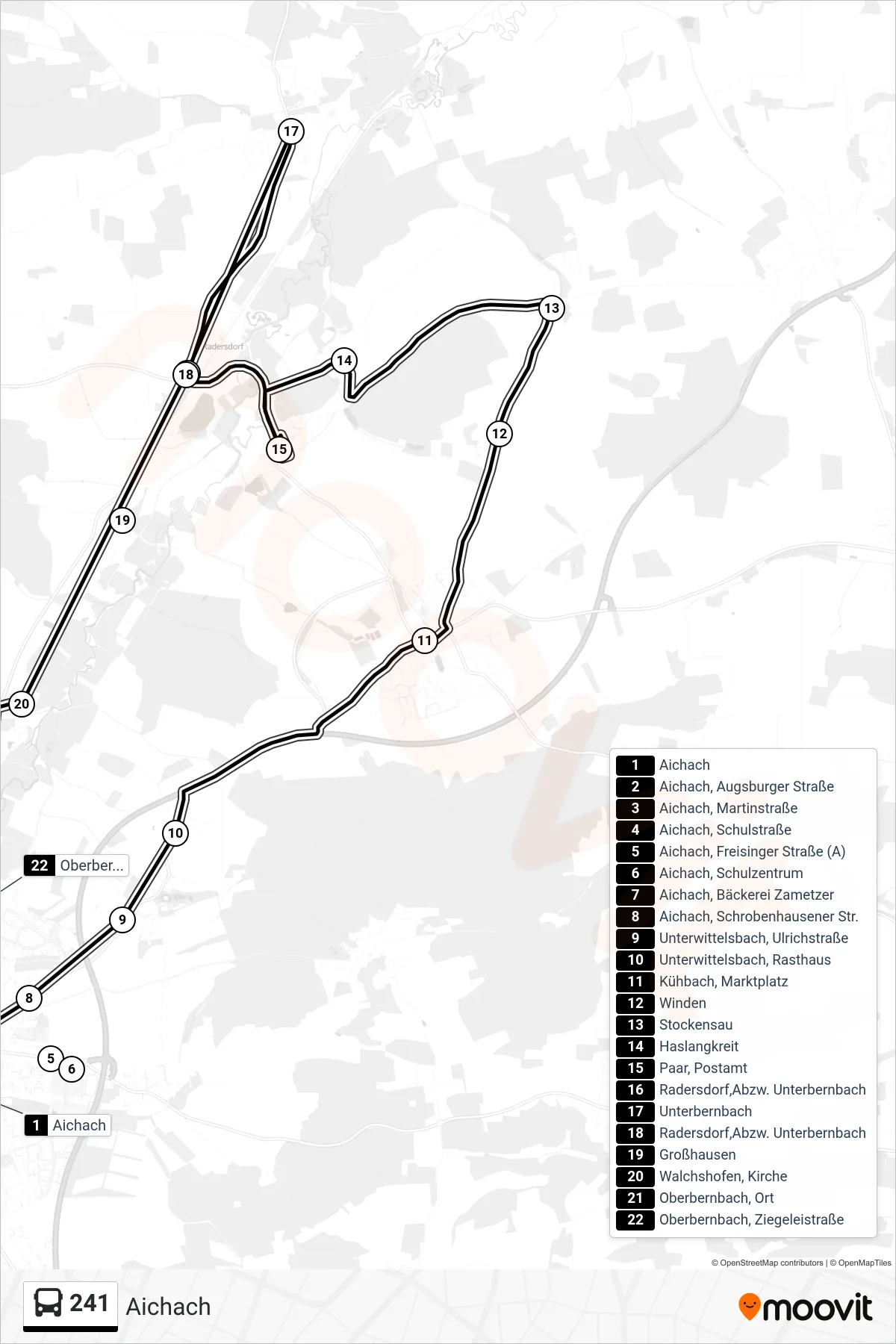 241 bus Line (Aichach) route and stops on a map
